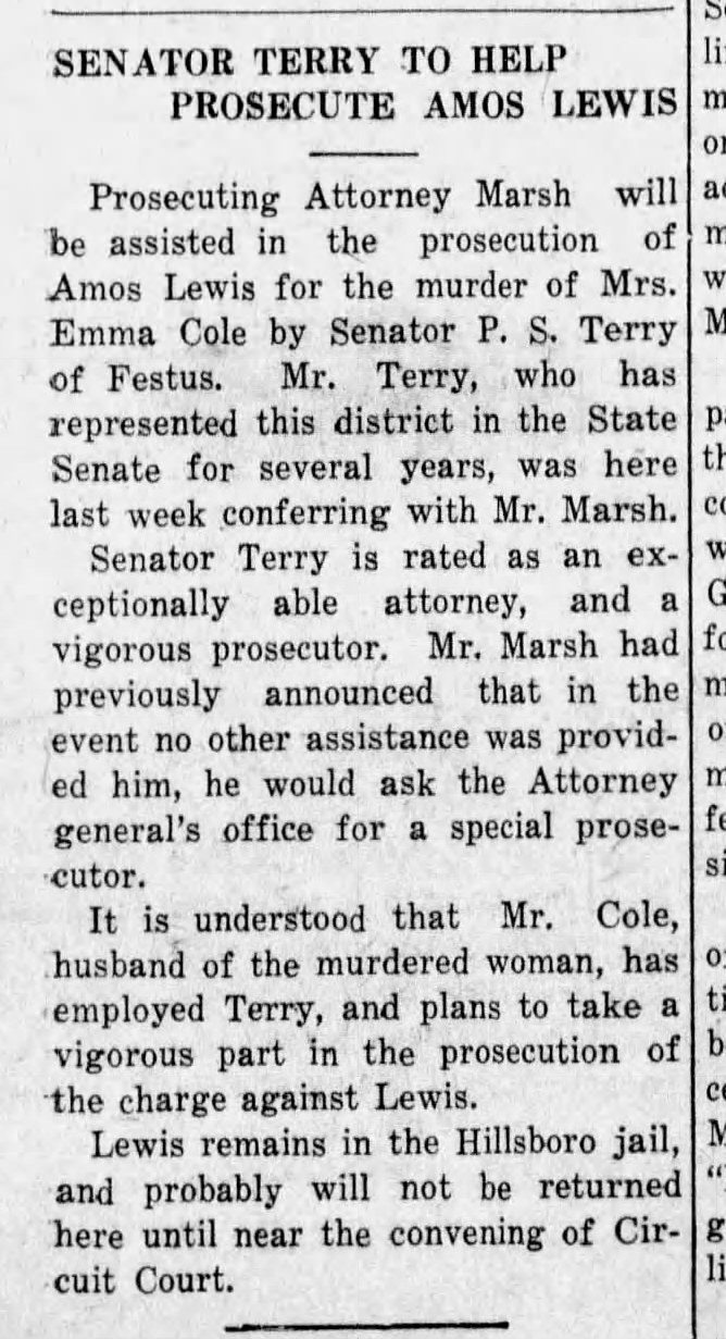“Senator Terry To Help Prosecute Amos Lewis.”